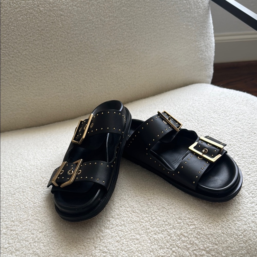 ALLSAINTS Black Real Leather Sandals with Gold Buckles sz 7